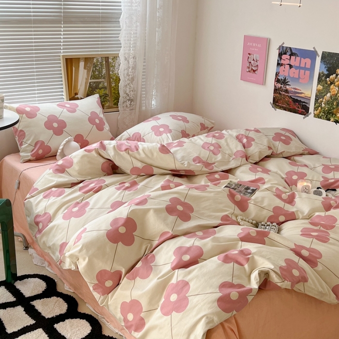 91家纺网 家纺一手货源 找家纺 昔可 2022新款简约花朵四件套 幸运四叶花粉