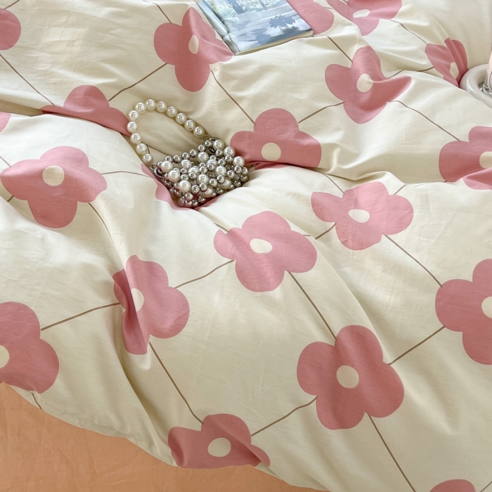 91家纺网 家纺一手货源 找家纺 昔可 2022新款简约花朵四件套 幸运四叶花粉