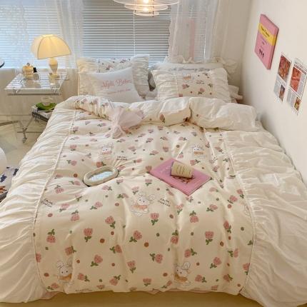 91家纺网 家纺一手货源 找家纺 昔可 2022新款韩版花边系列四件套 粉郁金兔