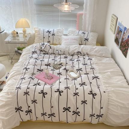 91家纺网 家纺一手货源 找家纺 昔可 2022新款韩版花边系列四件套 丝带蝴蝶结