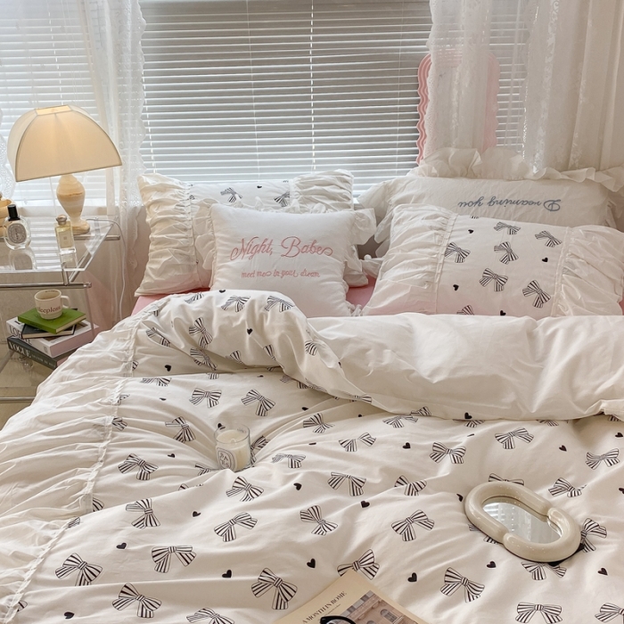 91家纺网 家纺一手货源 找家纺 昔可 2022新款韩版花边系列四件套 爱心蝴蝶结