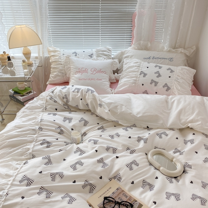 91家纺网 家纺一手货源 找家纺 昔可 2022新款韩版花边系列四件套 爱心蝴蝶结