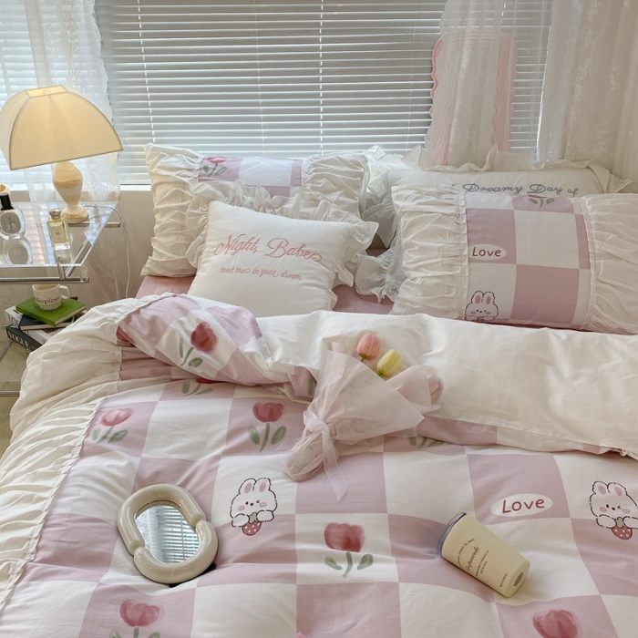 91家纺网 家纺一手货源 找家纺 昔可 2022新款韩版花边系列四件套 粉格兔