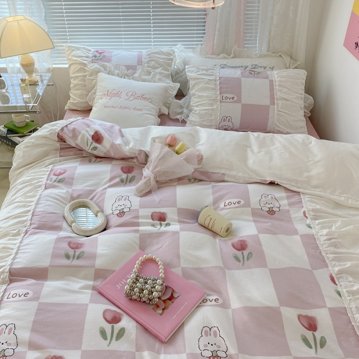 91家纺网 家纺一手货源 找家纺 昔可 2022新款韩版花边系列四件套 粉格兔