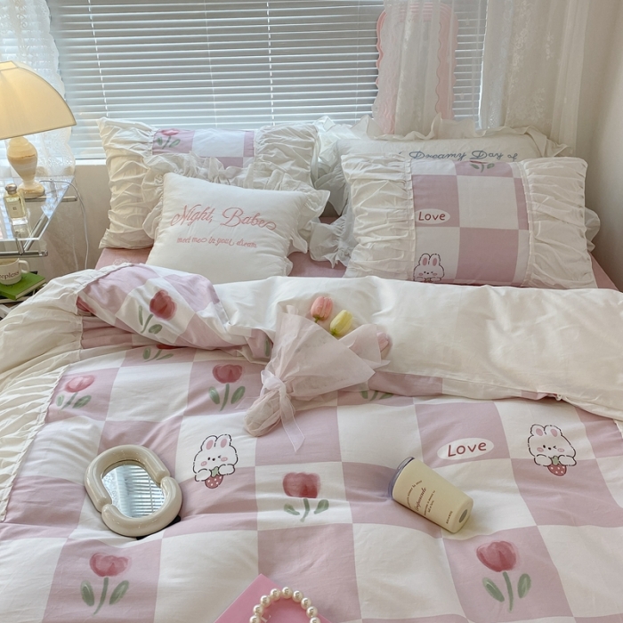 91家纺网 家纺一手货源 找家纺 昔可 2022新款韩版花边系列四件套 粉格兔