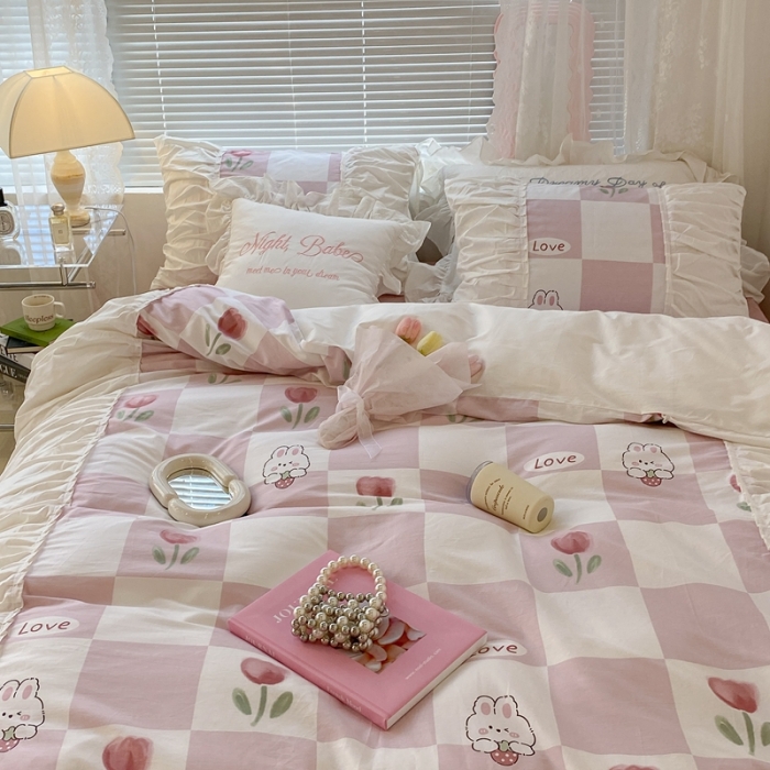 91家纺网 家纺一手货源 找家纺 昔可 2022新款韩版花边系列四件套 粉格兔