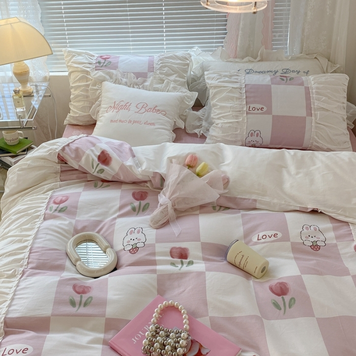 91家纺网 家纺一手货源 找家纺 昔可 2022新款韩版花边系列四件套 粉格兔