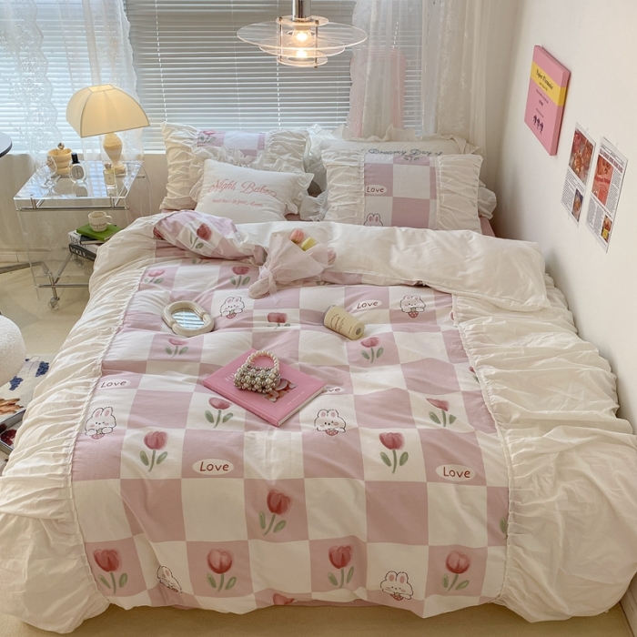 91家纺网 家纺一手货源 找家纺 昔可 2022新款韩版花边系列四件套 粉格兔