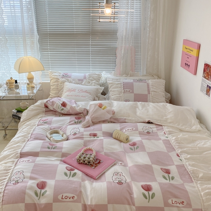 91家纺网 家纺一手货源 找家纺 昔可 2022新款韩版花边系列四件套 粉格兔