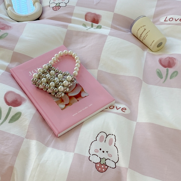 91家纺网 家纺一手货源 找家纺 昔可 2022新款韩版花边系列四件套 粉格兔