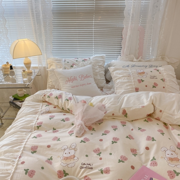 91家纺网 家纺一手货源 找家纺 昔可 2022新款韩版花边系列四件套 粉郁金兔