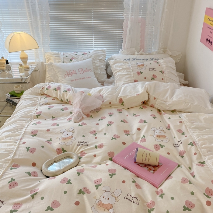 91家纺网 家纺一手货源 找家纺 昔可 2022新款韩版花边系列四件套 粉郁金兔