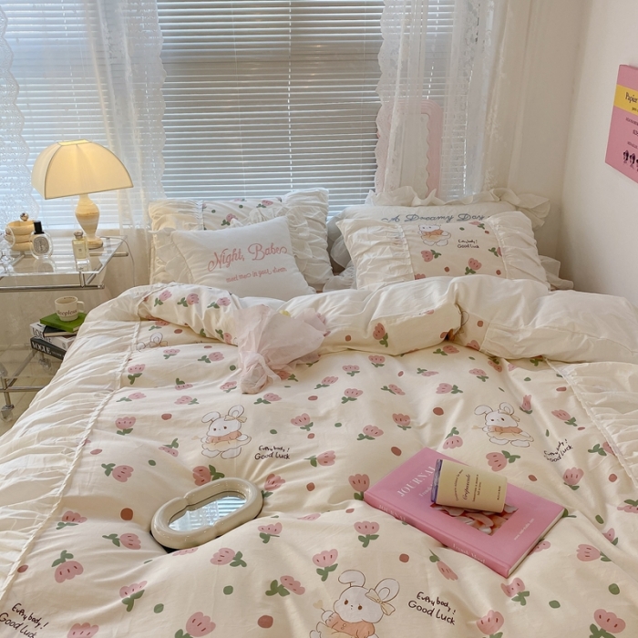 91家纺网 家纺一手货源 找家纺 昔可 2022新款韩版花边系列四件套 粉郁金兔