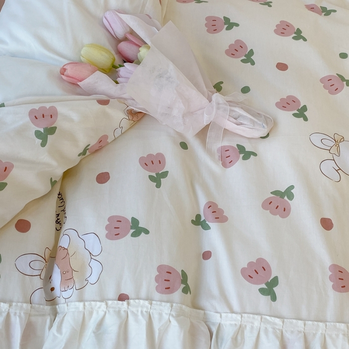 91家纺网 家纺一手货源 找家纺 昔可 2022新款韩版花边系列四件套 粉郁金兔