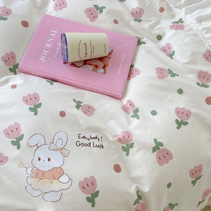 91家纺网 家纺一手货源 找家纺 昔可 2022新款韩版花边系列四件套 粉郁金兔