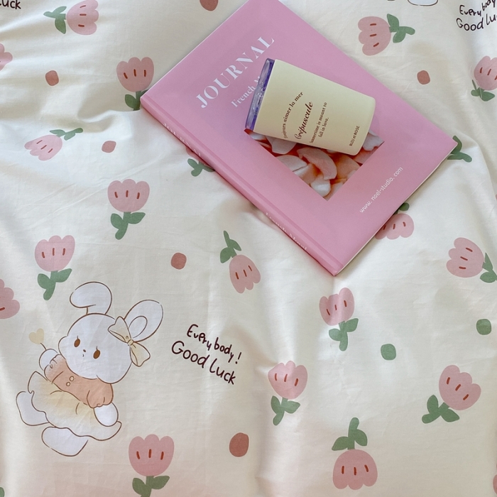 91家纺网 家纺一手货源 找家纺 昔可 2022新款韩版花边系列四件套 粉郁金兔