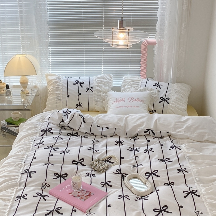 91家纺网 家纺一手货源 找家纺 昔可 2022新款韩版花边系列四件套 丝带蝴蝶结