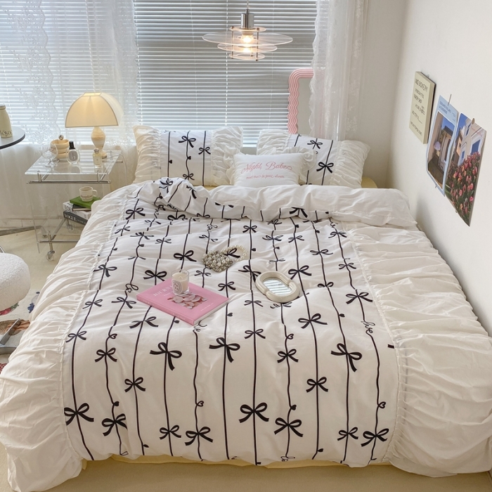 91家纺网 家纺一手货源 找家纺 昔可 2022新款韩版花边系列四件套 丝带蝴蝶结