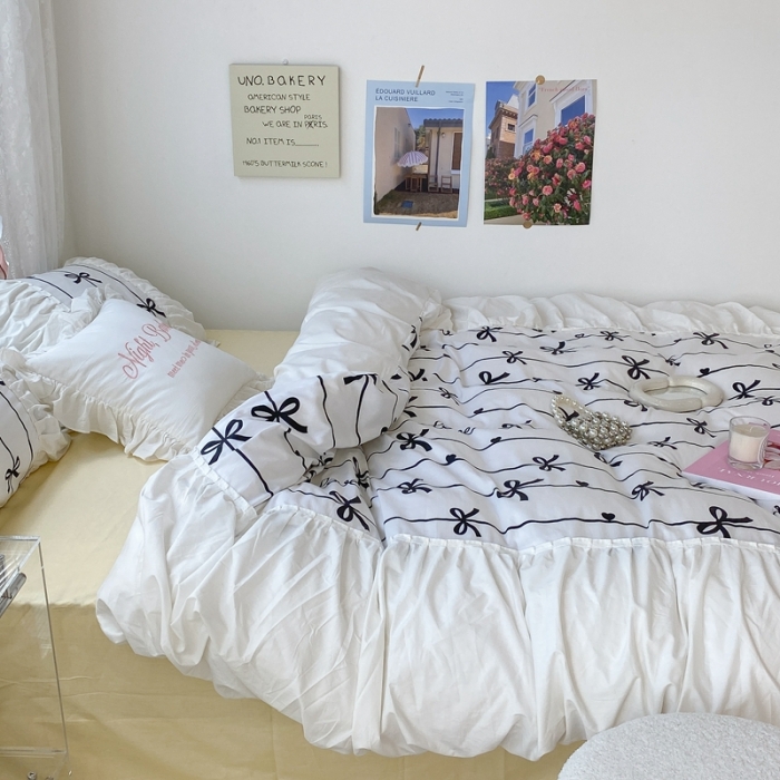 91家纺网 家纺一手货源 找家纺 昔可 2022新款韩版花边系列四件套 丝带蝴蝶结