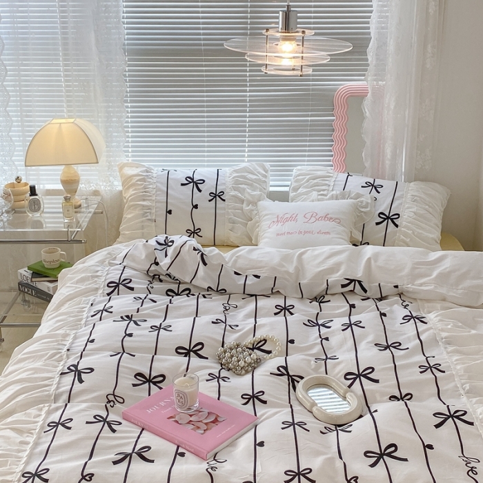 91家纺网 家纺一手货源 找家纺 昔可 2022新款韩版花边系列四件套 丝带蝴蝶结