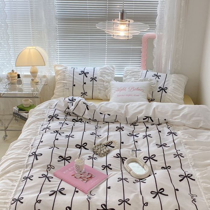 91家纺网 家纺一手货源 找家纺 昔可 2022新款韩版花边系列四件套 丝带蝴蝶结