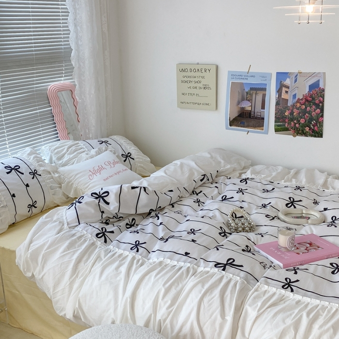 91家纺网 家纺一手货源 找家纺 昔可 2022新款韩版花边系列四件套 丝带蝴蝶结