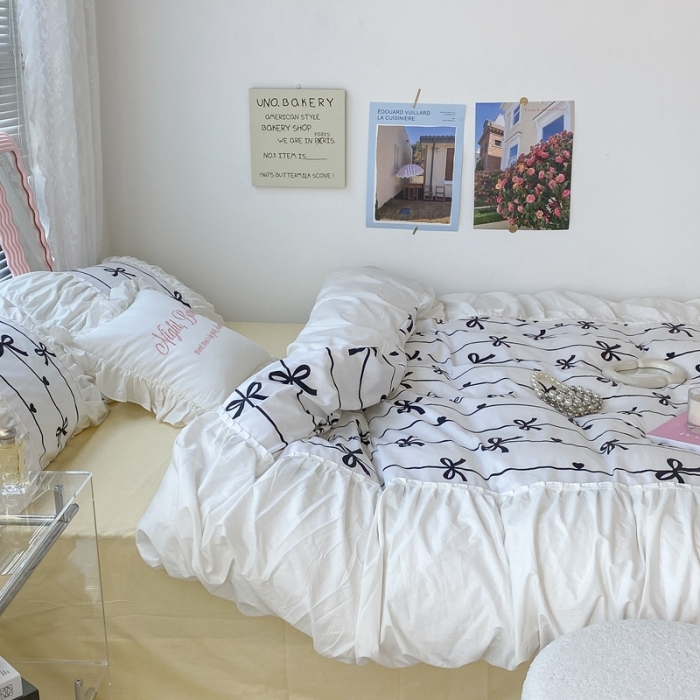 91家纺网 家纺一手货源 找家纺 昔可 2022新款韩版花边系列四件套 丝带蝴蝶结