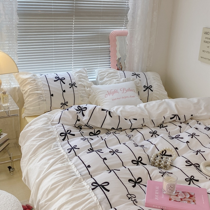 91家纺网 家纺一手货源 找家纺 昔可 2022新款韩版花边系列四件套 丝带蝴蝶结