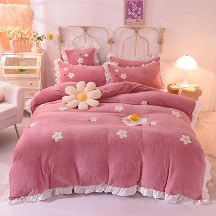 91家纺网 家纺一手货源 找家纺 2022新款可爱兔牛奶绒毛巾绣四件套 小雏菊-豆沙