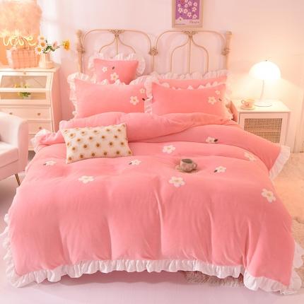 91家纺网 家纺一手货源 找家纺 2022新款可爱兔牛奶绒毛巾绣四件套 小雏菊-粉