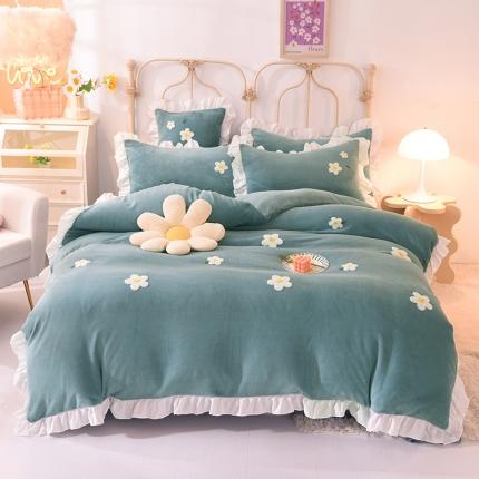 91家纺网 家纺一手货源 找家纺 2022新款可爱兔牛奶绒毛巾绣四件套 小雏菊-蓝