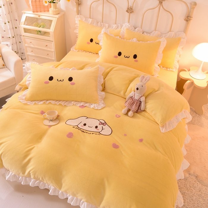 91家纺网 家纺一手货源 找家纺 2022新款可爱兔牛奶绒毛巾绣四件套 可爱兔-黄