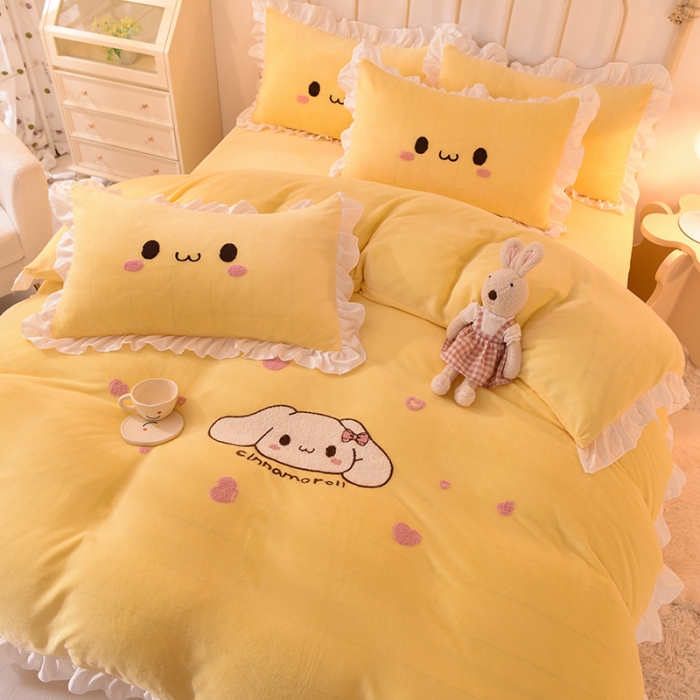 91家纺网 家纺一手货源 找家纺 2022新款可爱兔牛奶绒毛巾绣四件套 可爱兔-黄