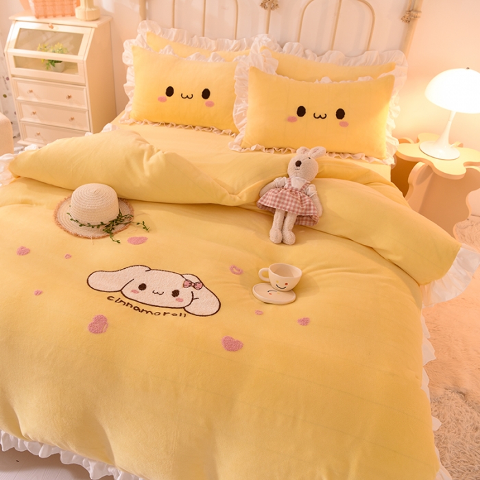 91家纺网 家纺一手货源 找家纺 2022新款可爱兔牛奶绒毛巾绣四件套 可爱兔-黄