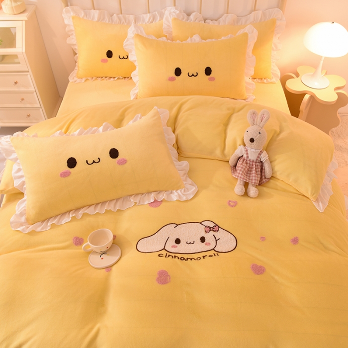 91家纺网 家纺一手货源 找家纺 2022新款可爱兔牛奶绒毛巾绣四件套 可爱兔-黄