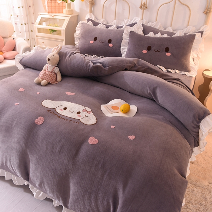 91家纺网 家纺一手货源 找家纺 2022新款可爱兔牛奶绒毛巾绣四件套 可爱兔-灰