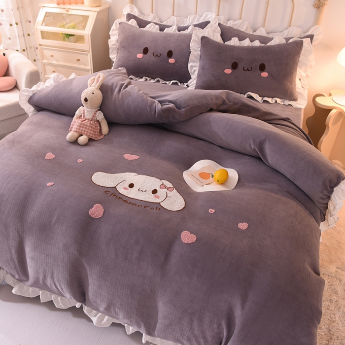 91家纺网 家纺一手货源 找家纺 2022新款可爱兔牛奶绒毛巾绣四件套 可爱兔-灰