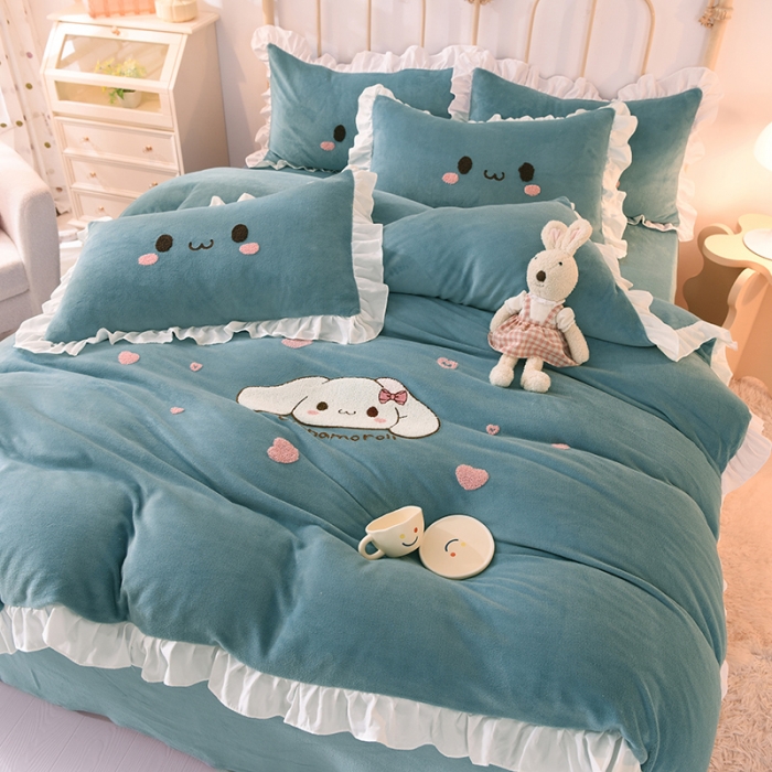 91家纺网 家纺一手货源 找家纺 2022新款可爱兔牛奶绒毛巾绣四件套 可爱兔-蓝