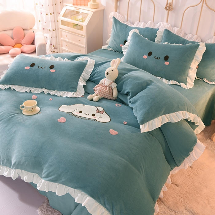 91家纺网 家纺一手货源 找家纺 2022新款可爱兔牛奶绒毛巾绣四件套 可爱兔-蓝