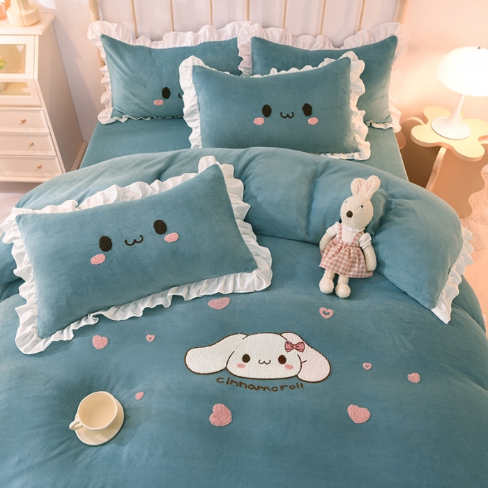 91家纺网 家纺一手货源 找家纺 2022新款可爱兔牛奶绒毛巾绣四件套 可爱兔-蓝