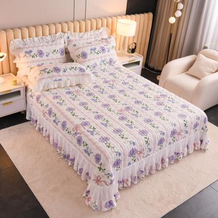 2022新款韩式牛奶绒印花边夹棉床单床盖三件套 蝴蝶结紫
