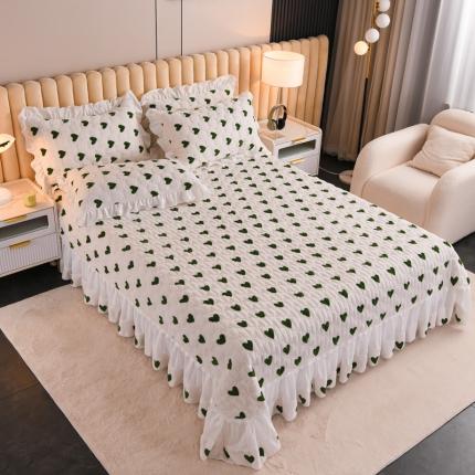 2022新款韩式牛奶绒印花边夹棉床单床盖三件套 心情-绿