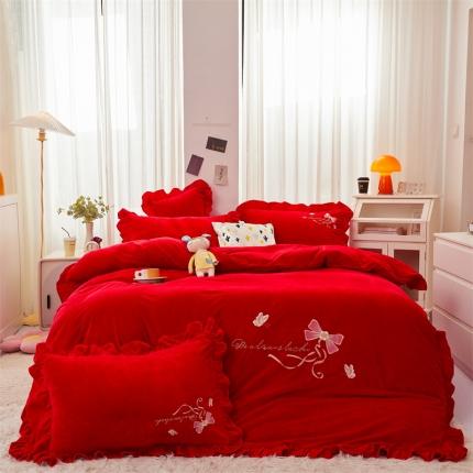 恒爱 2022秋冬新款A类宝宝绒蝴蝶结刺绣床单款四件套 大红
