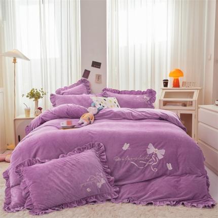 恒爱 2022秋冬新款A类宝宝绒蝴蝶结刺绣床单款四件套 丁香紫