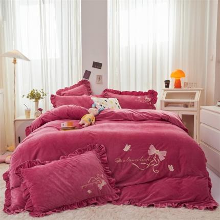 恒爱 2022秋冬新款A类宝宝绒蝴蝶结刺绣床单款四件套 豆沙紫