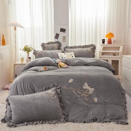恒爱 2022秋冬新款A类宝宝绒蝴蝶结刺绣床单款四件套 浅灰
