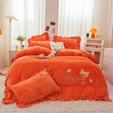 恒爱 2022秋冬新款A类宝宝绒蝴蝶结刺绣床单款四件套 清新橙