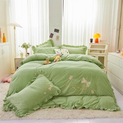 恒爱 2022秋冬新款A类宝宝绒蝴蝶结刺绣床单款四件套 香草绿