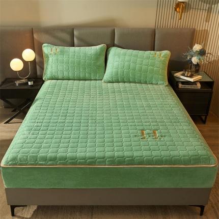 恒爱2022秋冬新款A类牛奶绒刺绣夹棉单床笠--H系列抹茶绿