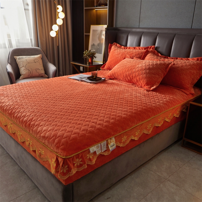 91家纺网 家纺一手货源 找家纺 恒爱 2022秋冬新款A类宝宝绒轻奢刺绣床笠 轻奢床笠爱玛橙